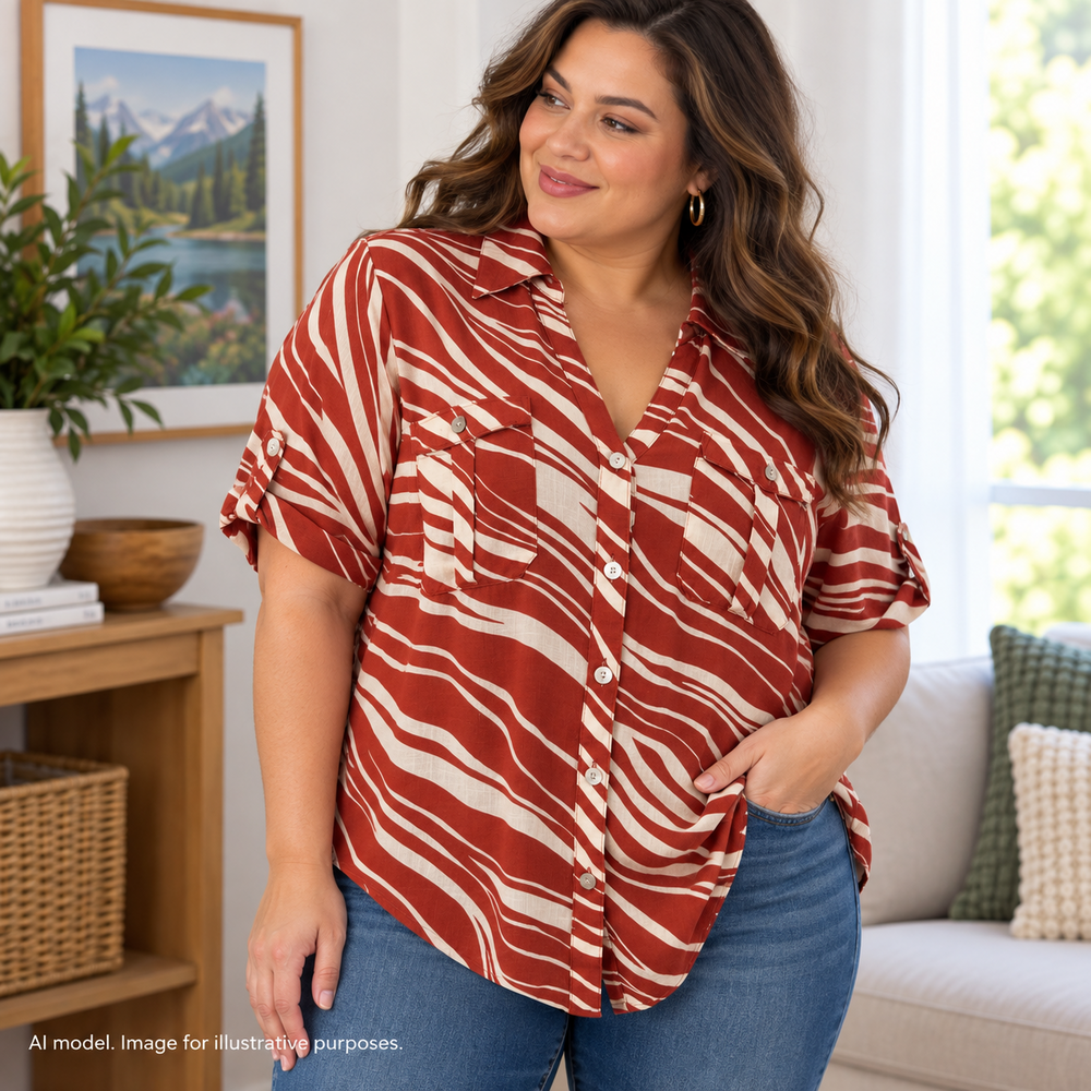 Ruby Rd Shirt Womens 1X Rust Zebra Print Tribal Flowy Pleated Back City Roll Tab